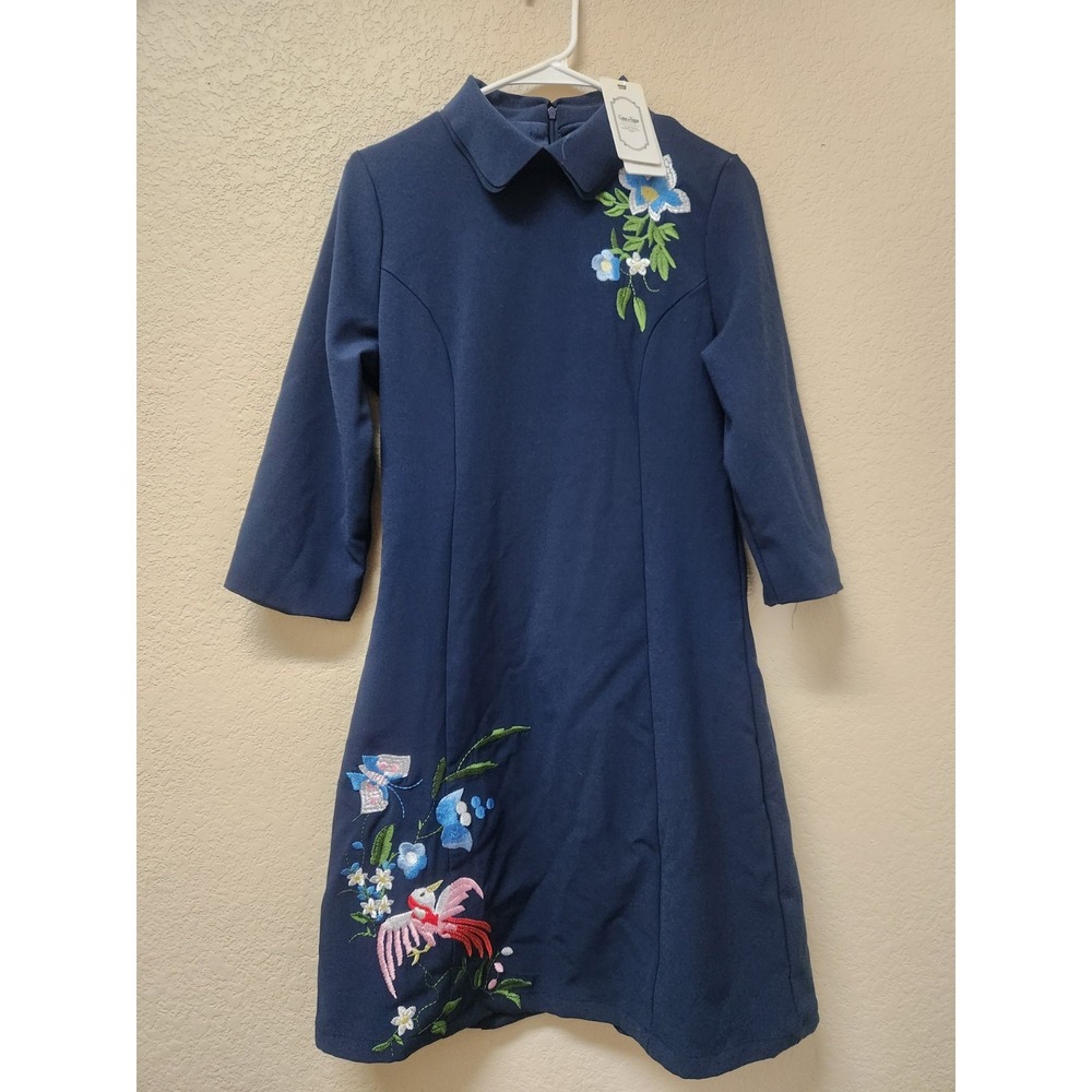 D&R Navy Blue Dress M Peter Pan Collar 3/4 Sleeve Embroidered Floral Bird Womens